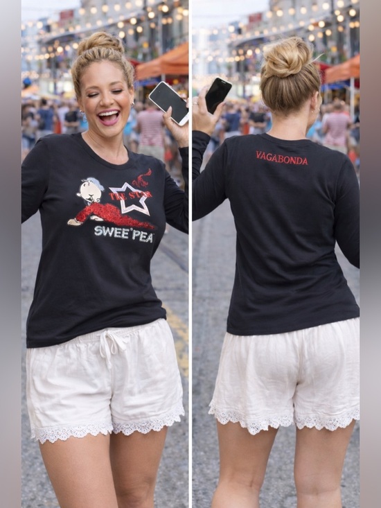 Monella Vegabonda Tops - Monella Vegabonda Sweet Pea Black Long Sleeve Tee with Red and White Graphic MED